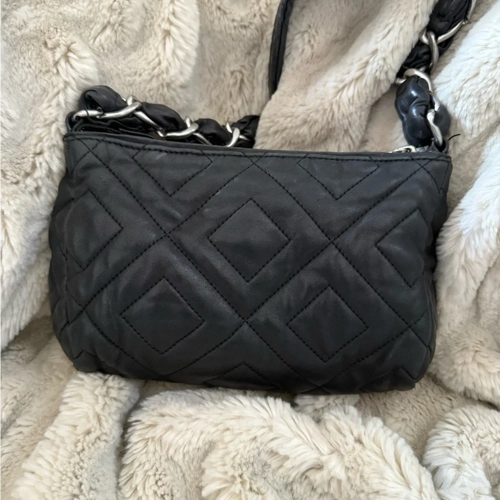 Tory Burch Black Quilted Calfskin Leather Bag with Silver Hardware